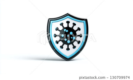 A stylized shield with a virus icon symbolizes protection from illness and disease. The design emphasizes safety and defense against viral threats. 130709974