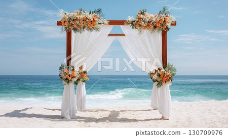 Floral beach wedding setting: a wooden arch adorned with orange blossoms and white drapes against a backdrop of the ocean and clear blue sky. 130709976