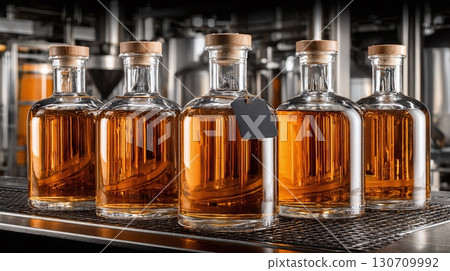 Five clear glass bottles filled with golden liquid, sealed with wooden stoppers, stand in a distillery setting against industrial machinery. 130709992
