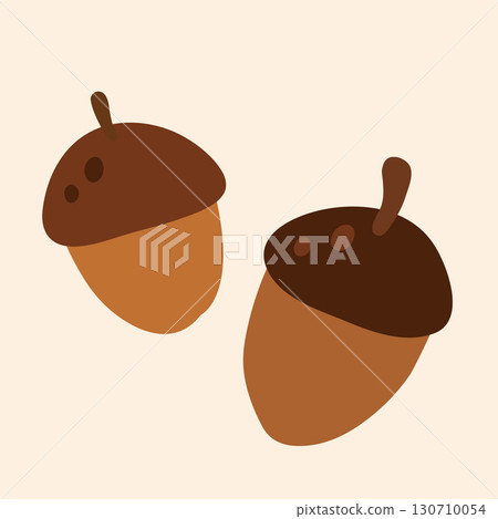 Minimal flat style illustration of two brown acorns with simple shapes and warm autumn colors. Perfect for seasonal designs, fall decor, greeting cards, patterns, stickers, and cozy illustrations. 130710054