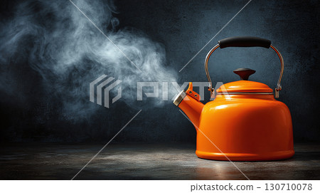 A vibrant orange kettle is releasing steam, creating a dynamic contrast against a dark, textured backdrop.  The scene conveys warmth and anticipation. 130710078