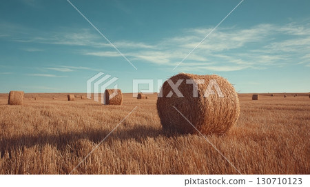 Golden hay bales dot a vast field beneath a blue sky, capturing the essence of rural harvest and countryside serenity in warm, earthy tones. 130710123