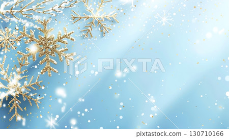 Golden shimmering snowflakes on a blue festive winter background with light accents Golden shimmering snowflakes on a blue festive winter background with light accents 130710166