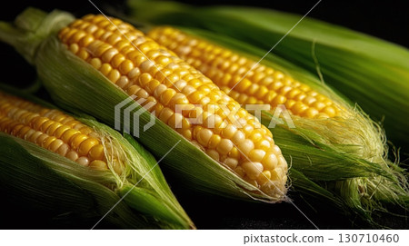 Freshly harvested ears of corn with green husks and silky tassels, showcasing their vibrant yellow kernels in a close-up view. Food concept, farm freshness. 130710460