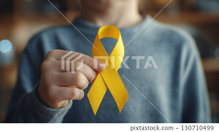 Child holding a yellow ribbon representing hope and awareness, a simple gesture of support for various causes and a reminder of resilience. 130710499
