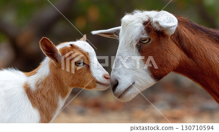 A tender moment: A goat mother and her kid touching noses in a loving embrace, showcasing their gentle connection in a natural setting. 130710594