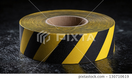Roll of safety tape with yellow and black stripes. Indicates caution and hazard, promoting awareness for potential dangers. Promotes visibility and prevention. 130710619