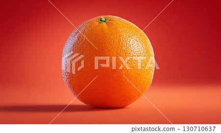 A vibrant orange fruit with a textured peel stands out against a complementary red background, creating a striking contrast and depth in the composition. A vibrant orange fruit with a textured peel stands out against a complementary red background, creating a striking contrast and depth in the composition. 130710637