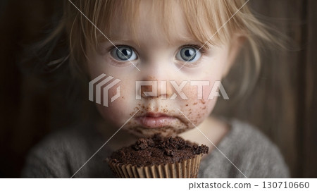Little girl with light hair and blue eyes enjoys a chocolate cupcake, leaving a messy but delightful chocolate residue around her mouth and nose. 130710660