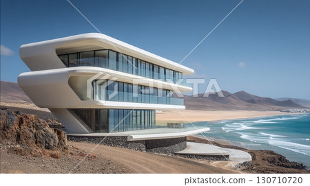 Coastal Modern Architecture: A stunning multi-story building with rounded features overlooks the ocean, blending design with a desert landscape. 130710720