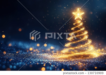 Golden sparkling Christmas tree with glowing star and glittering bokeh lights 130710909