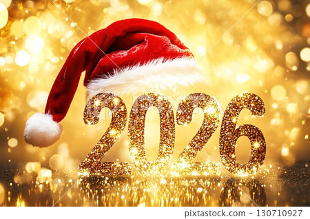 Golden 2026 with festive Santa hat and sparkling background Golden 2026 with festive Santa hat and sparkling background 130710927