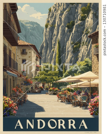 Cobblestone streets in Andorra feature charming buildings adorned with flowers. Outdoor cafes invite visitors to relax while enjoying the stunning mountain backdrop. 130710981
