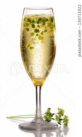 Sparkling champagne with green herb garnish in tall flute glass 130711022
