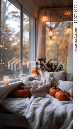 Cozy autumn window nook with pumpkins and soft blankets 130711032