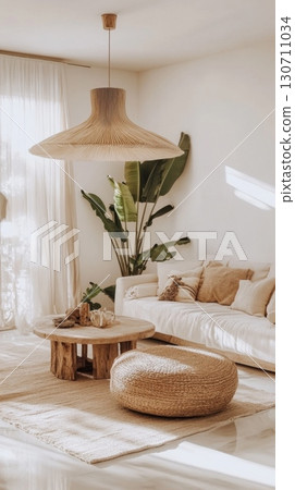 Bohemian living room with natural decor: rattan furniture, large plant, cozy ambiance 130711034