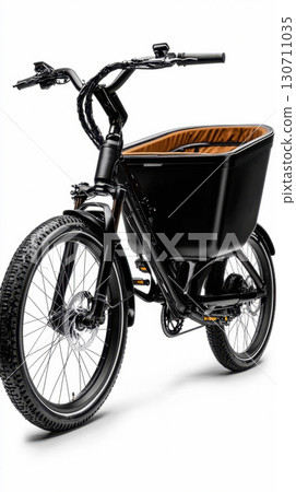 Modern black cargo bike with wooden basket for urban commuting and eco-friendly transport 130711035