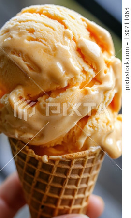 Creamy orange ice cream on waffle cone close-up 130711063