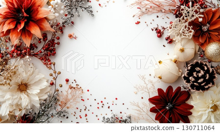Festive floral arrangement with autumn and winter elements on white background 130711064