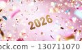 Golden 2026 celebration with colorful confetti on pink background 130711070