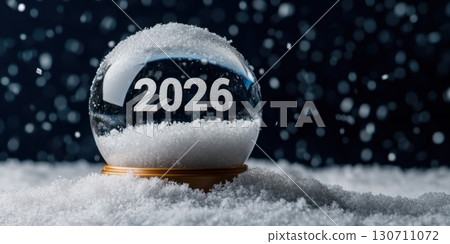 2026 snow globe with falling snowflakes on a dark background 130711072