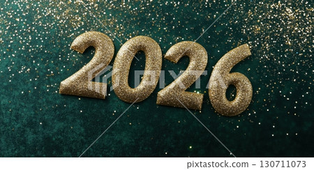 Sparkling gold 2026 numbers on green glitter background celebrating new year 130711073