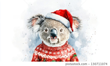 Koala in festive santa hat and christmas sweater with watercolor style 130711074