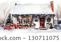 Cozy snow-covered cottage with holiday decorations and gifts 130711075