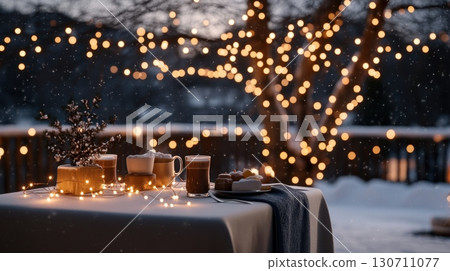 Cozy winter evening: warm beverages and sweet treats on snowy outdoor table with string lights 130711077