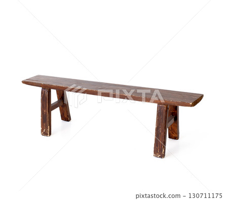Old, rustic wooden bench on a white background, captured from a high angle. 130711175
