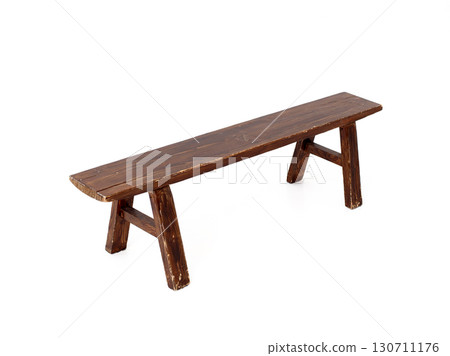 Old, rustic wooden bench on a white background, captured from a high angle. Old, rustic wooden bench on a white background, captured from a high angle. 130711176