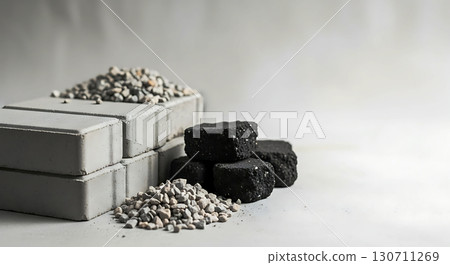 Concrete blocks stacked on the left with small pebbles piled on top and scattered in front. Dark charcoal briquettes form a small pile to the right. The background is plain 130711269