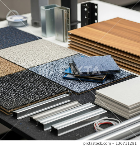 Assorted building materials displayed include various laminate samples, metal profiles, and fiberboard sheets arranged neatly on a table, showcasing textures and colors for design projects Assorted building materials displayed include various laminate samples, metal profiles, and fiberboard sheets arranged neatly on a table, showcasing textures and colors for design projects 130711281