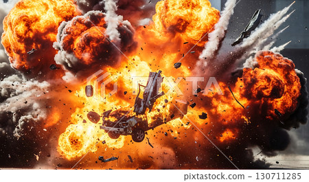 Fiery explosion engulfing car debris, sending smoke and flames skyward in a dramatic display of destruction. Pieces of metal and fragments scatter around the intense blast 130711285