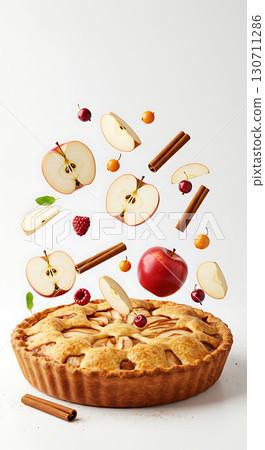 Apple slices, cinnamon sticks, berries, and small fruits float above a golden-brown pie with a lattice crust. Vibrant, fresh ingredients contrast against a clean, simple backdrop 130711286