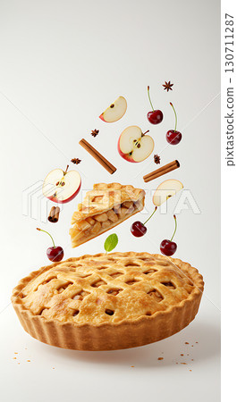 Whole pie with lattice crust at bottom, slice floating above, surrounded by apple slices, cherries, cinnamon sticks, and star anise, creating a dynamic culinary scene 130711287
