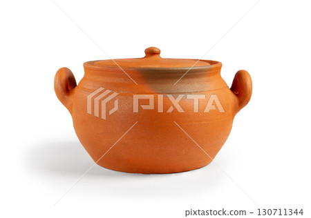 A handmade clay pot with a lid, on a white background, traditional craftsmanship, Georgian clay tableware, isolate, A handmade clay pot with a lid, on a white background, traditional craftsmanship, Georgian clay tableware, isolate, 130711344