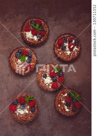 chocolate tartlets, stuffed with cottage cheese and berries, breakfast, homemade, no people, chocolate tartlets, stuffed with cottage cheese and berries, breakfast, homemade, no people, 130711352