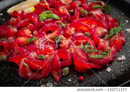 Salmon gravlax with beetroot, Scandinavian snack, beet gravlax, lightly salted fish, homemade, no people, Salmon gravlax with beetroot, Scandinavian snack, beet gravlax, lightly salted fish, homemade, no people, 130711357