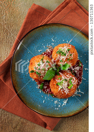 Crispy Arancini appetizer, with parmesan cheese and microgreens, plate, tomato sauce, homemade, no people, Crispy Arancini appetizer, with parmesan cheese and microgreens, plate, tomato sauce, homemade, no people, 130711363