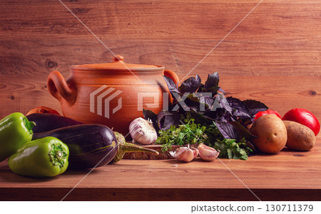 clay pot, with ingredients , for cooking Chanakhi dishes, Georgian cuisine, no people, clay pot, with ingredients , for cooking Chanakhi dishes, Georgian cuisine, no people, 130711379