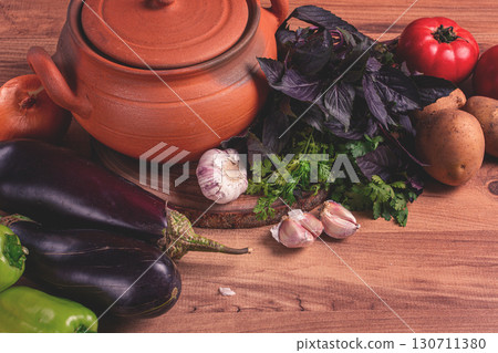 clay pot, with ingredients , for cooking Chanakhi dishes, Georgian cuisine, no people, clay pot, with ingredients , for cooking Chanakhi dishes, Georgian cuisine, no people, 130711380
