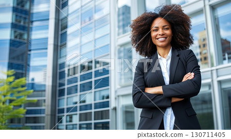 Surrounded by the energy of the city, the businesswoman's calm demeanor reflects her ability to navigate any situation with grace. 130711405
