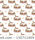 Seamless Christmas Pudding Pattern with Festive Cakes and Holly Decorations 130711409