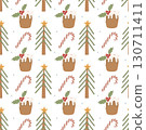 Seamless Christmas Pattern with Festive Cake, Candy Canes and Holiday Trees 130711411