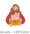 Hand drawn woman holding gift boxes illustration for holiday and celebration design 130711412