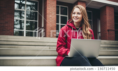 College female student with laptop on the stairs of the university building. Young woman with laptop while studying. College female student with laptop on the stairs of the university building. Young woman with laptop while studying. 130711450