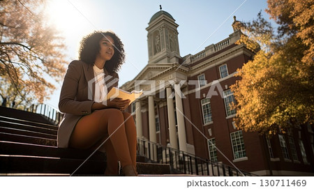 African American female university student repeats lectures while sitting on the stairs. Young woman while studying. Educational knowledge is the key to success and good work in the future 130711469