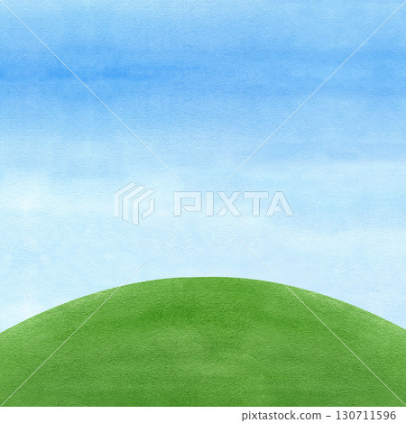 Green hill and clear blue sky. Landscape watercolor template. Hand drawn meadow, field with grass background illustration. Summer day for design postcards, children stationery, website, packaging 130711596