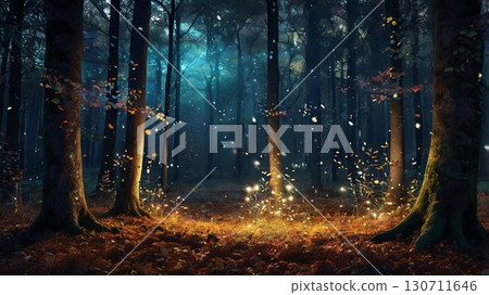 Magical nighttime forest with glowing lights and floating leaves. enchanted woodland, bioluminescent atmosphere and fantasy landscape 130711646